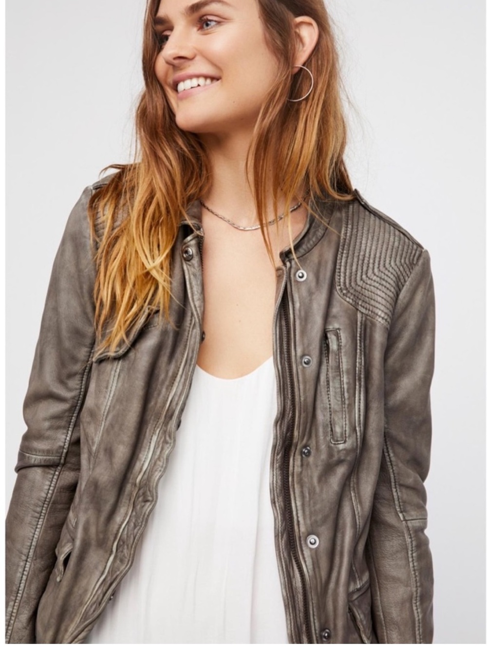 Free People Rumpled Leather Jacket Gray Medium Moto Zip Up Edgy Distressed